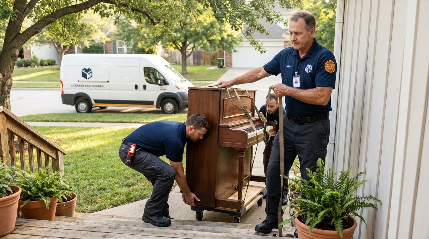 Licensed piano movers securing grand piano in New Freedom, PA