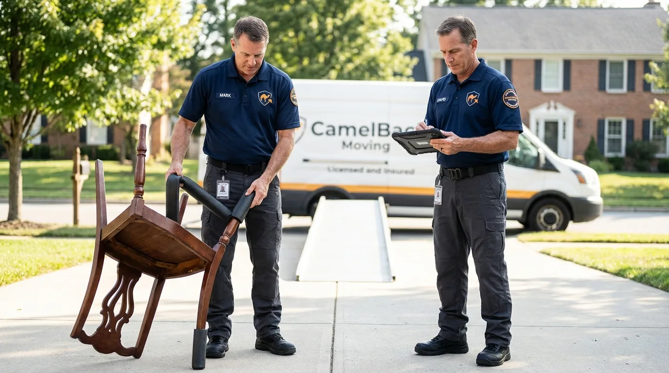 Movers inspecting furniture for damage prevention before loading in New Freedom, PA