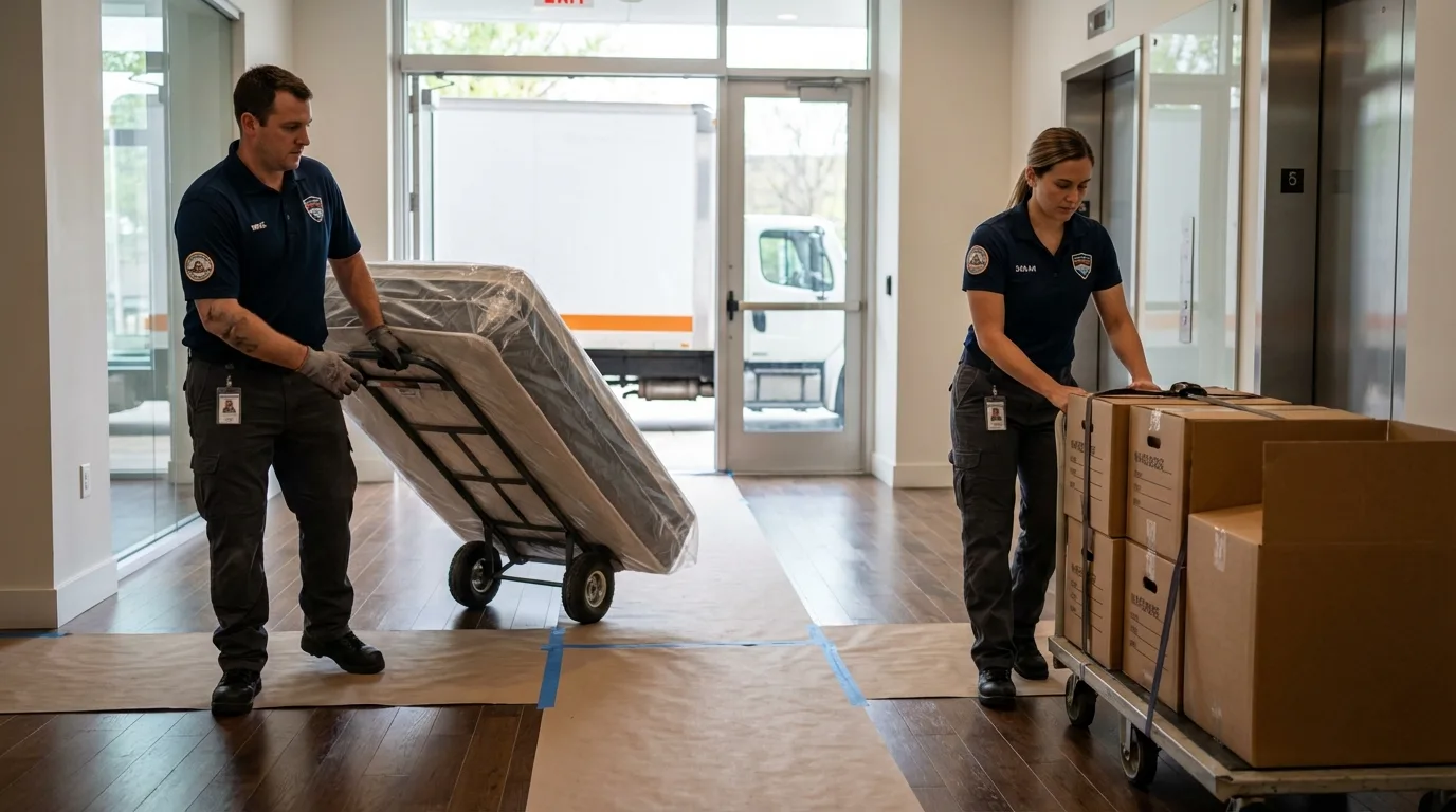 Professional apartment movers loading elevator in New Freedom, PA