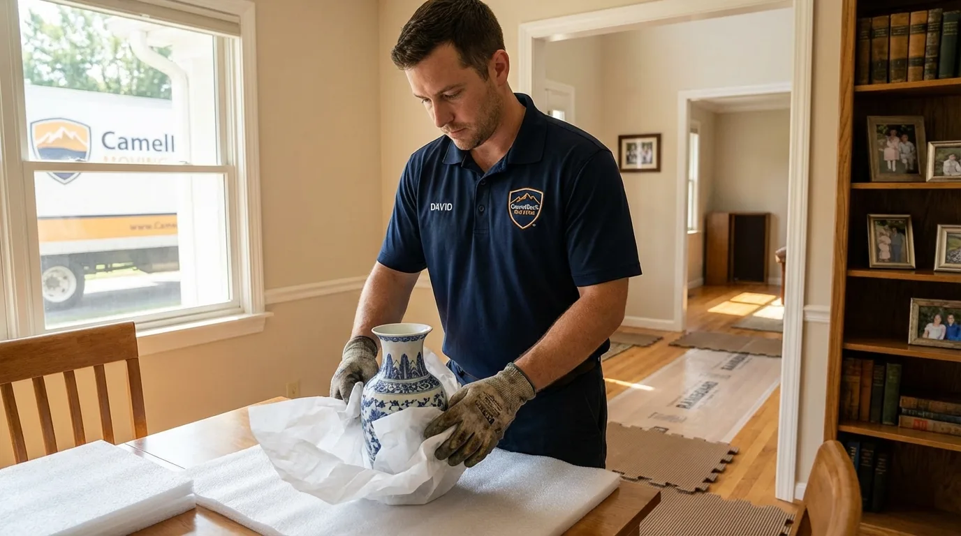 Professional crew carefully wrapping antique vase for senior downsizing move in New Freedom, PA